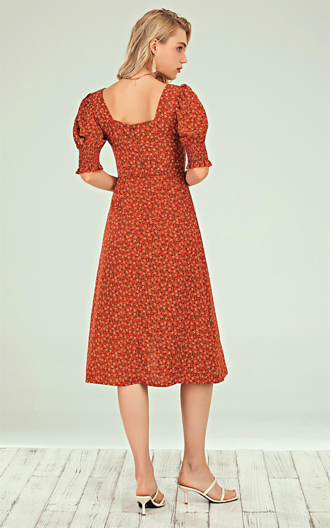 Short Sleeve Split Leg Midi Dress In Red Ditsy Floral Print