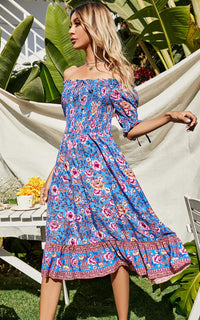 Pink Floral Print Boho Bardot Midi Dress In Blue
