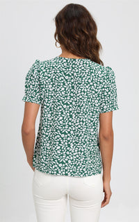 Short Sleeve Buttoned Blouse Top In Green & White Flora  Print