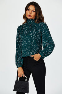 Polka Dot Print Long Sleeve Back Tie Blouse Top In Green