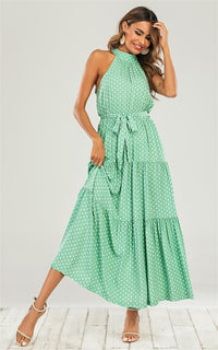 Mint Green Halter Neck White Polka Dot Midi Layer Dress