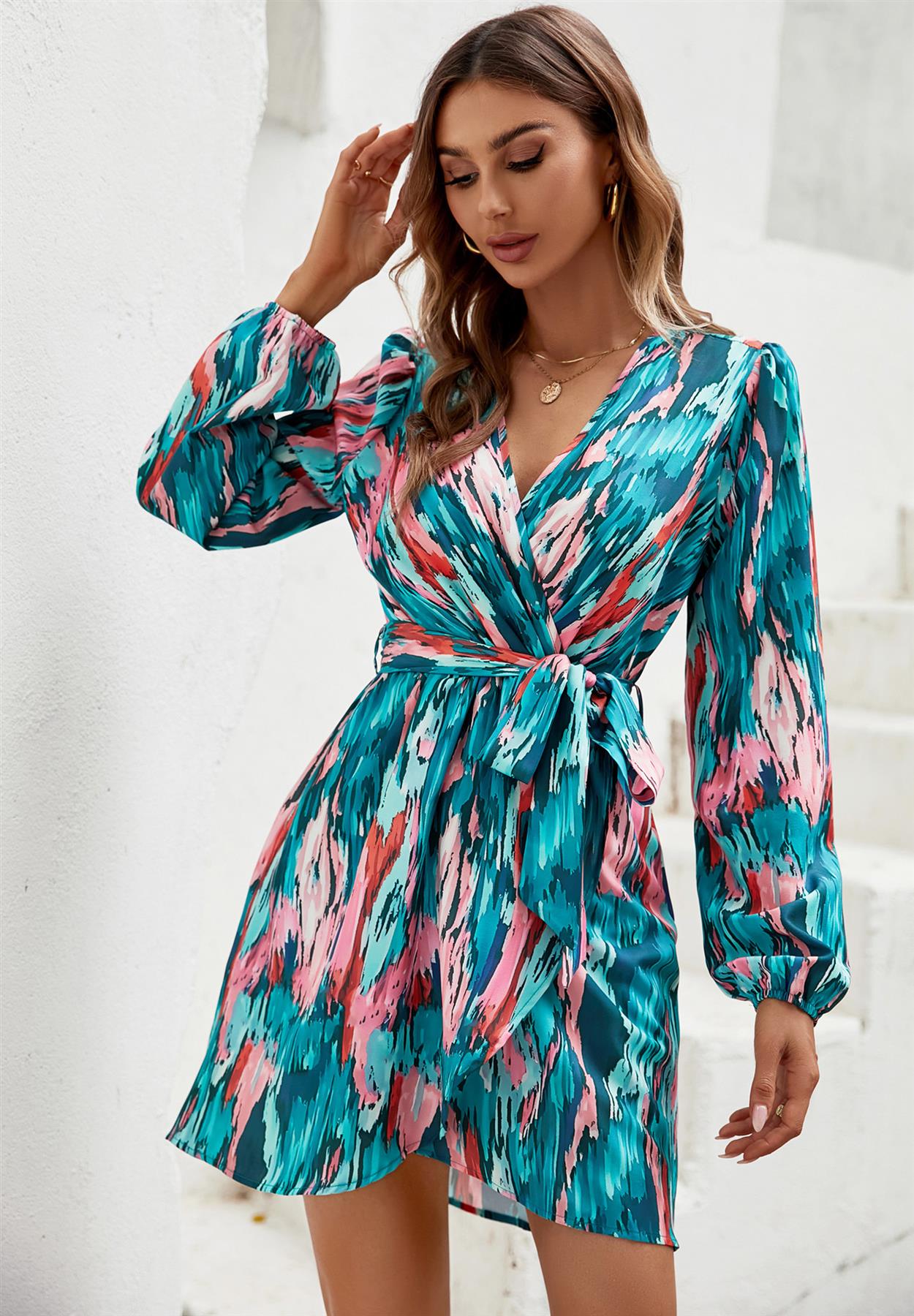 Teal & Pink Tie Dye Print Wrap Mini Dress In Green
