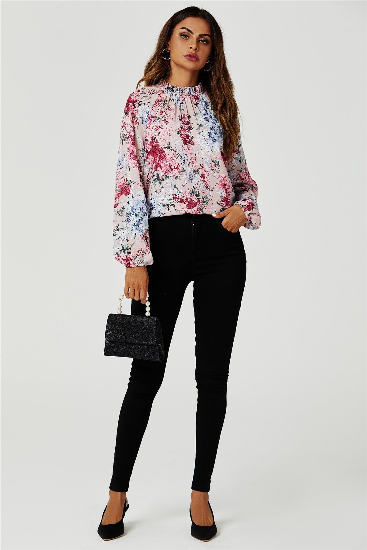 Floral Print Long Sleeve Frill High Neck Top In Pink