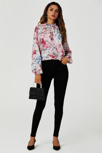 Floral Print Long Sleeve Frill High Neck Top In Pink