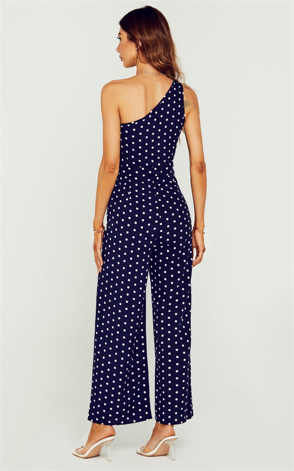 Polka Dot One Shoulder Bridesmaid Jumpsuit In Navy