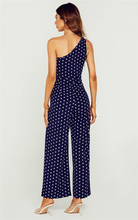 Polka Dot One Shoulder Bridesmaid Jumpsuit In Navy