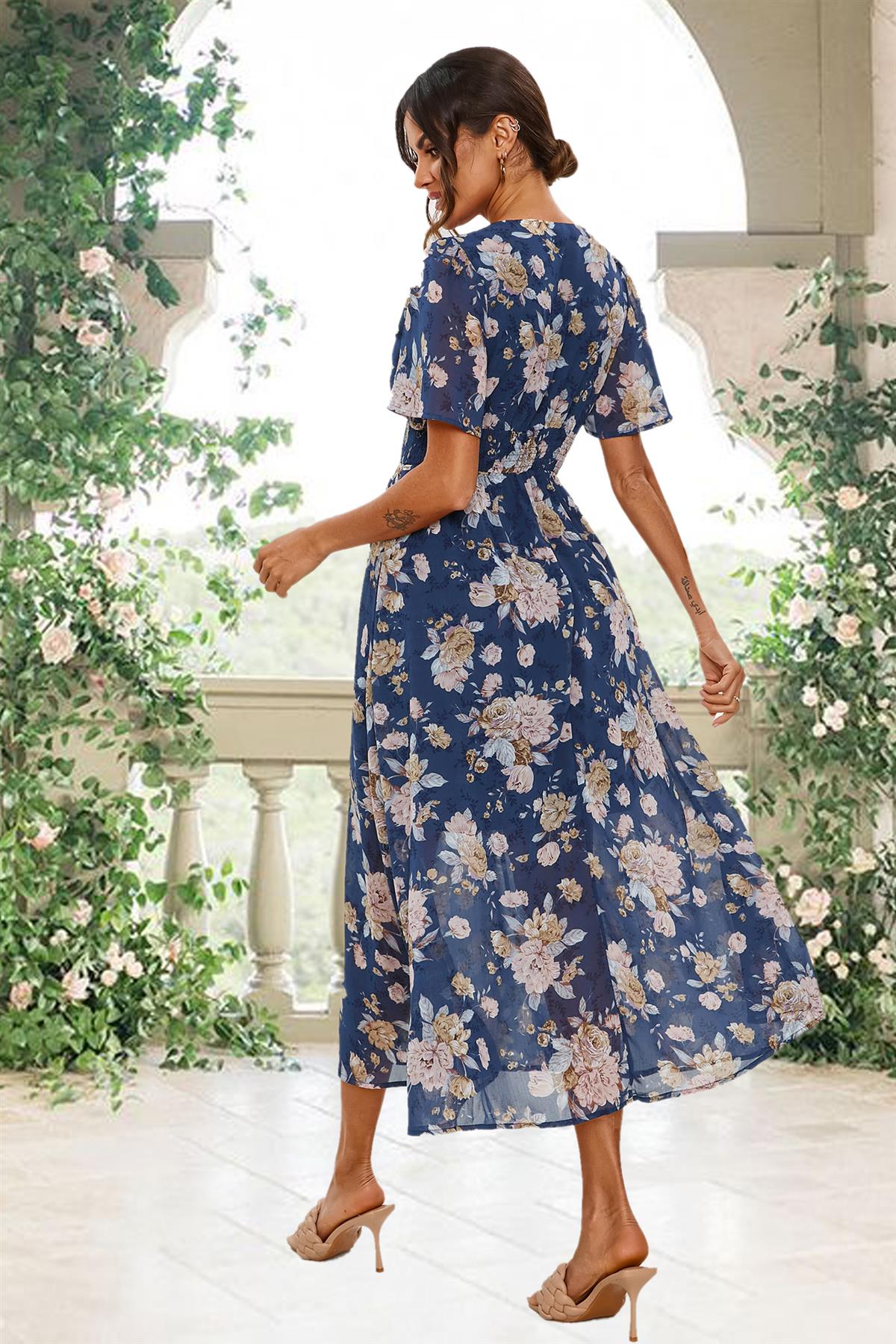 Floral Print Angel Sleeve Maxi Dress In Blue
