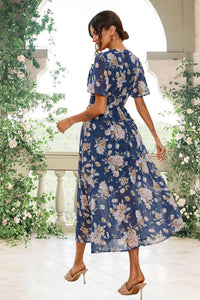 Floral Print Angel Sleeve Maxi Dress In Blue