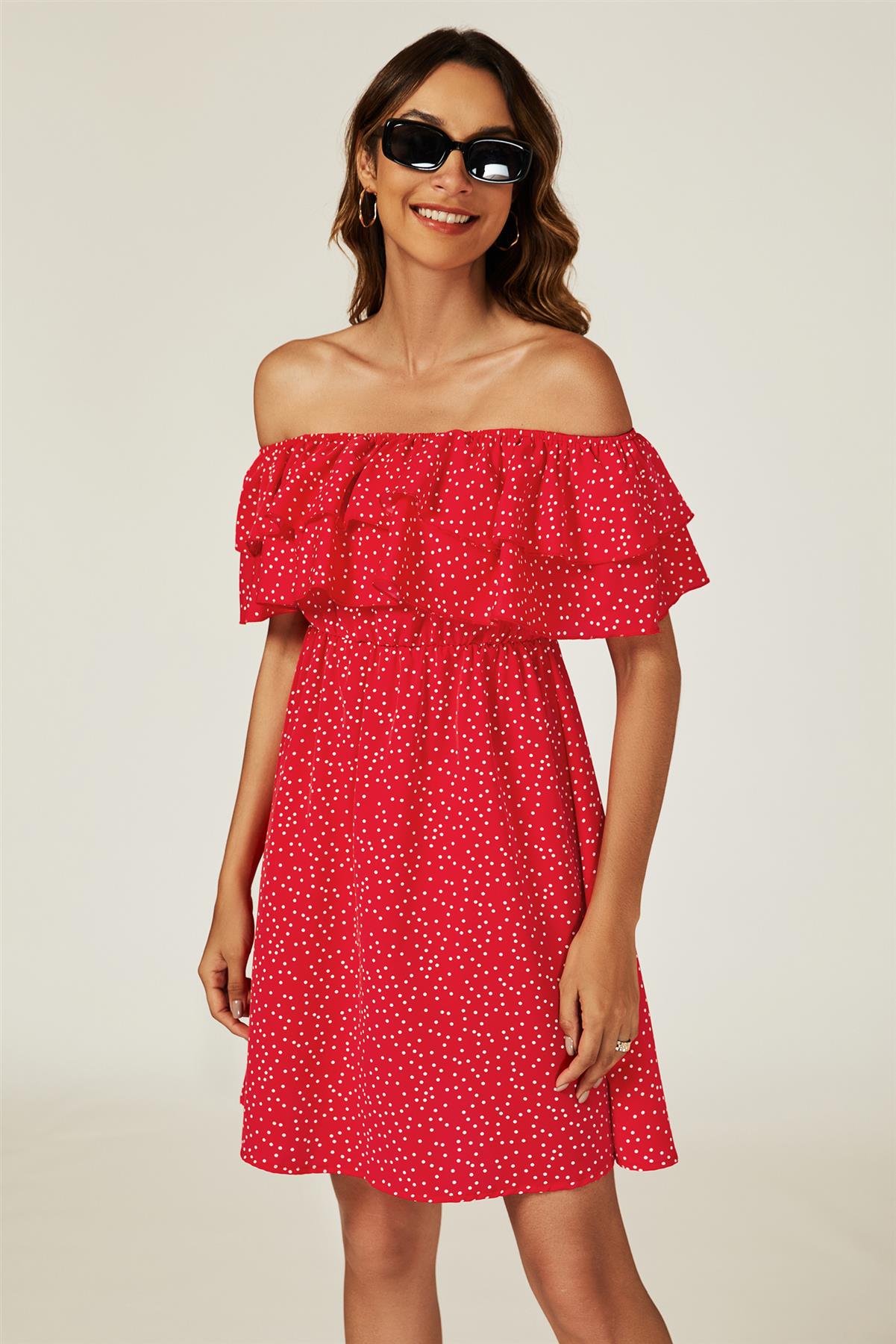 Polka Dot Bardot Frill Mini Dress In Red
