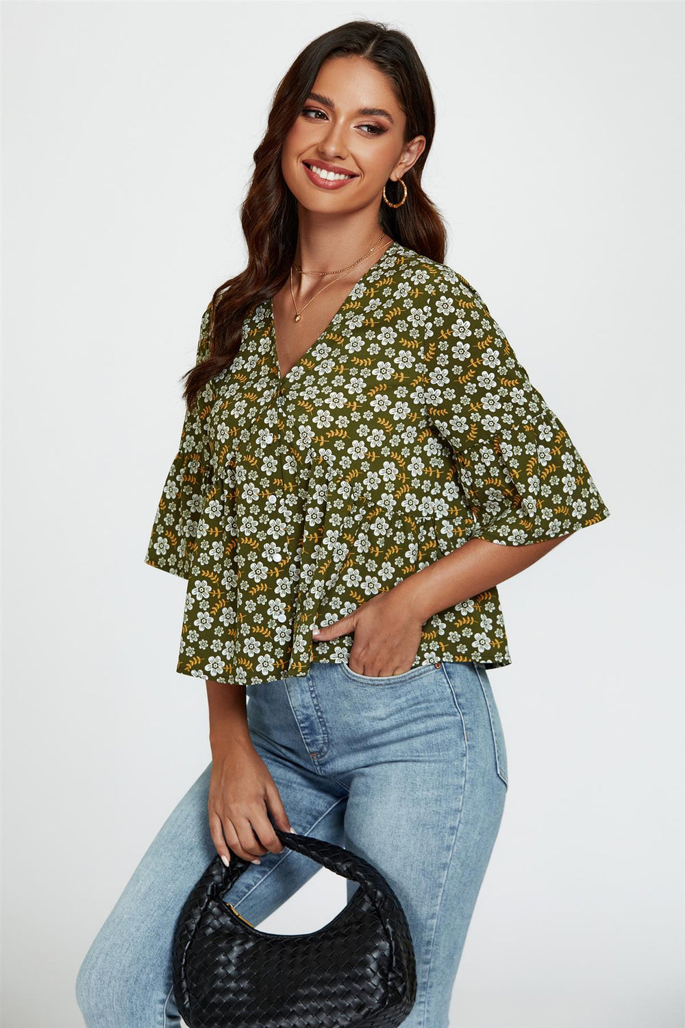 Floral Print Short Sleeves Crop Top In Olive
