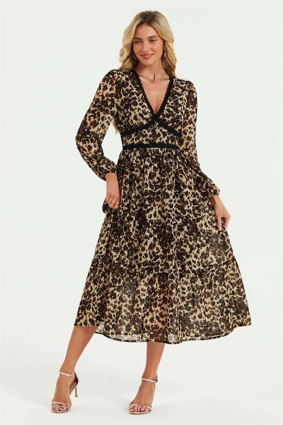 Leopard Print Foil Lace Trim Long Sleeve Maxi Dress In Brown