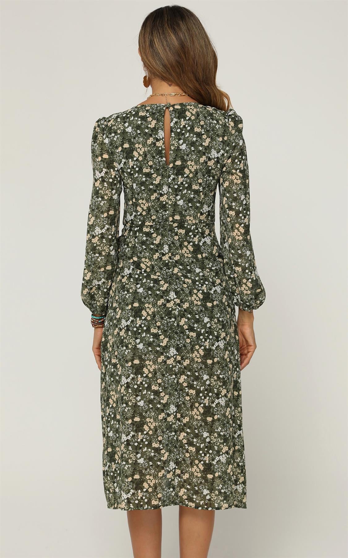 Long Sleeve Split Leg Dress In Green Floral Print