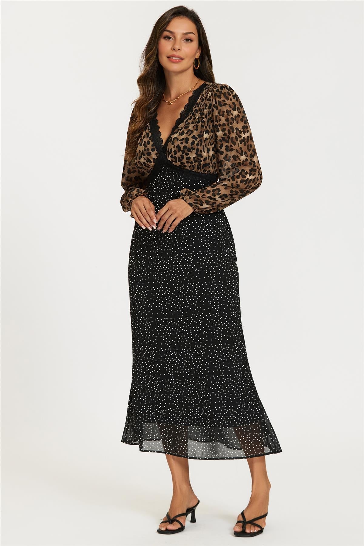 Black Dot & Brown Leopard Print Long Sleeve Maxi Dress