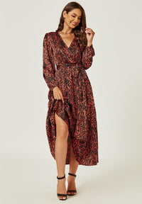 Long Sleeve Wrap Midi Dress In Rusty Red Animal Print