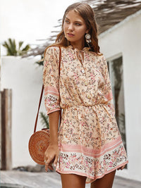 Boho Playsuit With Buttons In Cream & Peach Floral Print