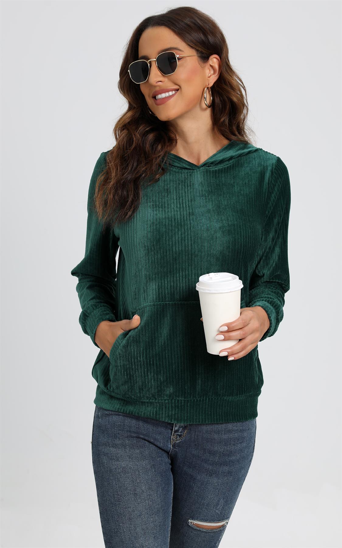 Velvet Hoodie Top With Pocket In Green
