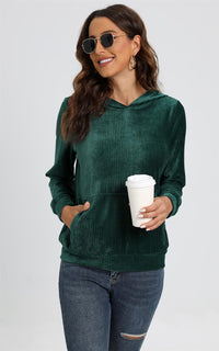 Velvet Hoodie Top With Pocket In Green
