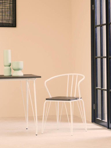 District White Metal And Elm Wood Arm Chair