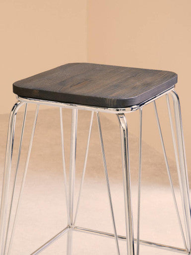 District Chrome Metal Frame And Elm Wood Seat Stool