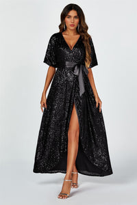 Wrap Style Sequin Maxi Dress In Black