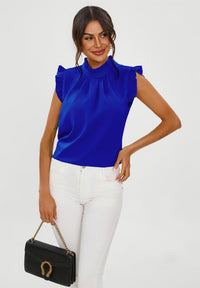 Frill Trim Sleeve High Neck Blouse Top In Royal Blue
