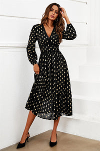Lace Trim Foil Long Sleeve Maxi Dress In Black