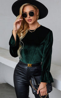 Elegant Velvet Top With Frill Detail Cuff In Dark Green