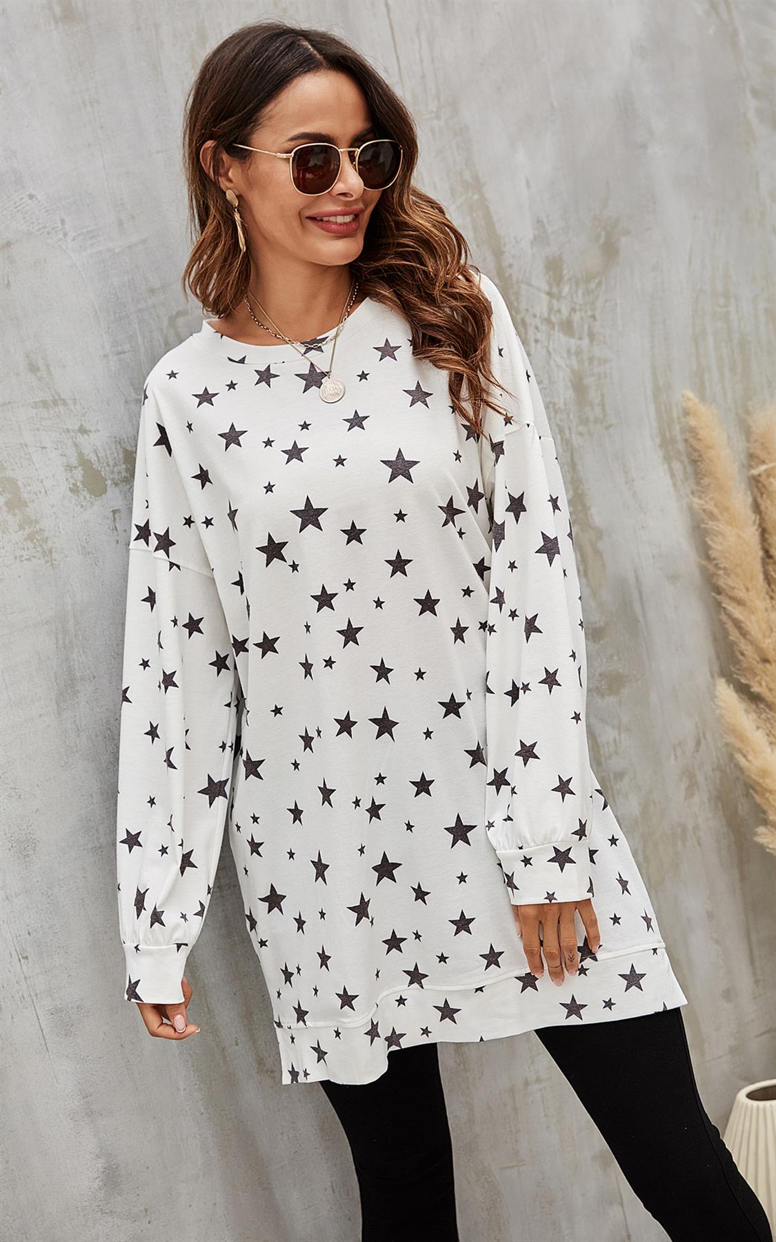 Oversized Star Print Top In White