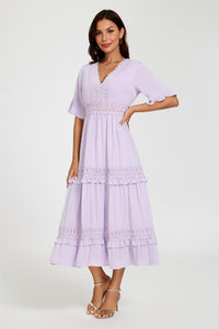 V Neck Lace Detail Midi Dress In Purple