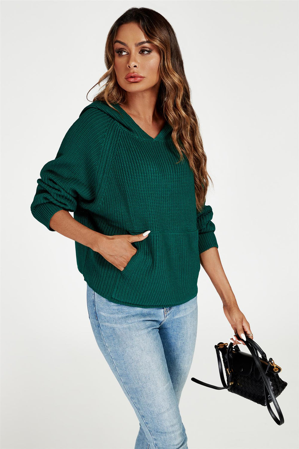 Star Pattern Knitted Hoodie In Green