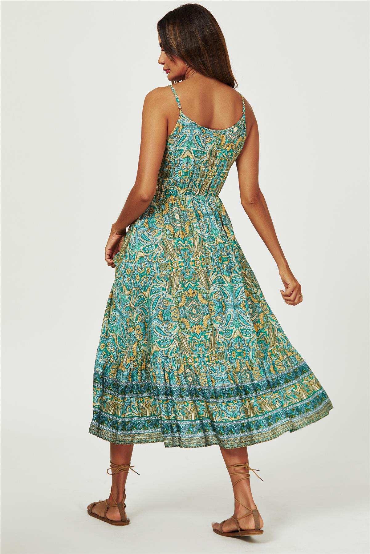 Lace Detail High Low Strappy Dress In Green