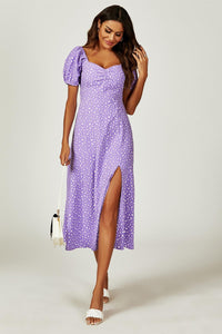 Puff Sleeve Heart Neckline Midi Dress In Purple