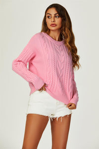 Cable Knit Crew Neck Jumper In Pink
