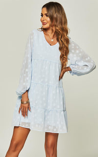 V Neck Long Balloon Sleeve Tiered Dress In Blue & Star Patten