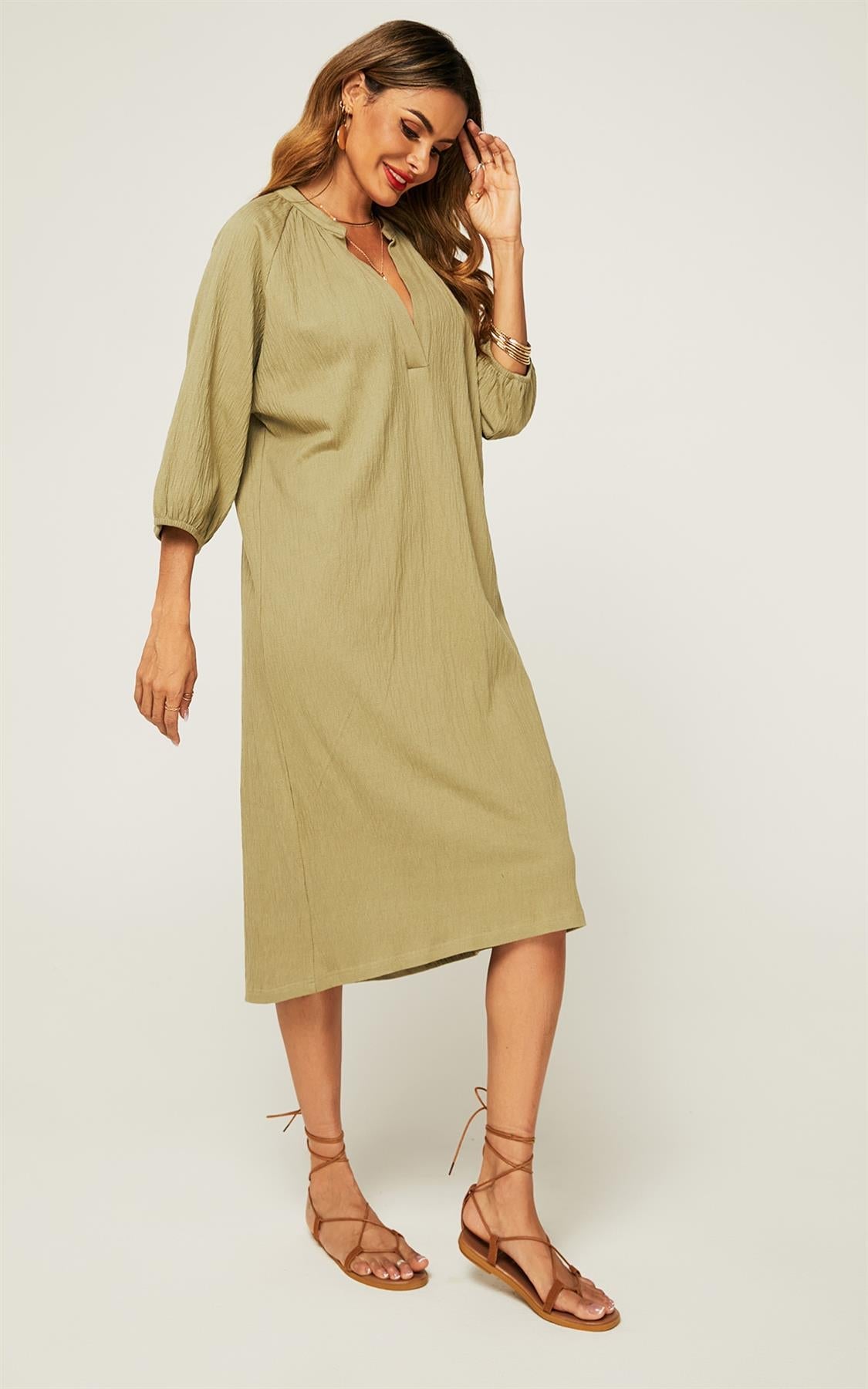 Smock Dress With Long Sleeves In Khaki Green