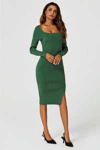 Long sleeved Knit Midi Dress In Dark Green