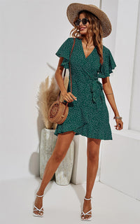 White Dot Mini Wrap Style Dress In Green
