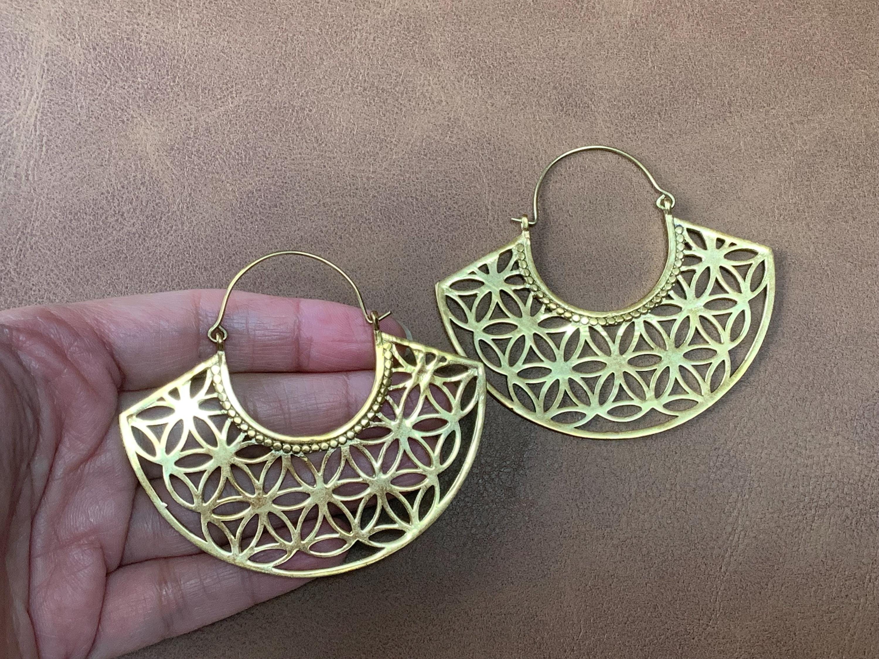 Geometric Petal Hoops – Brass Cutwork Mandala Earrings.
