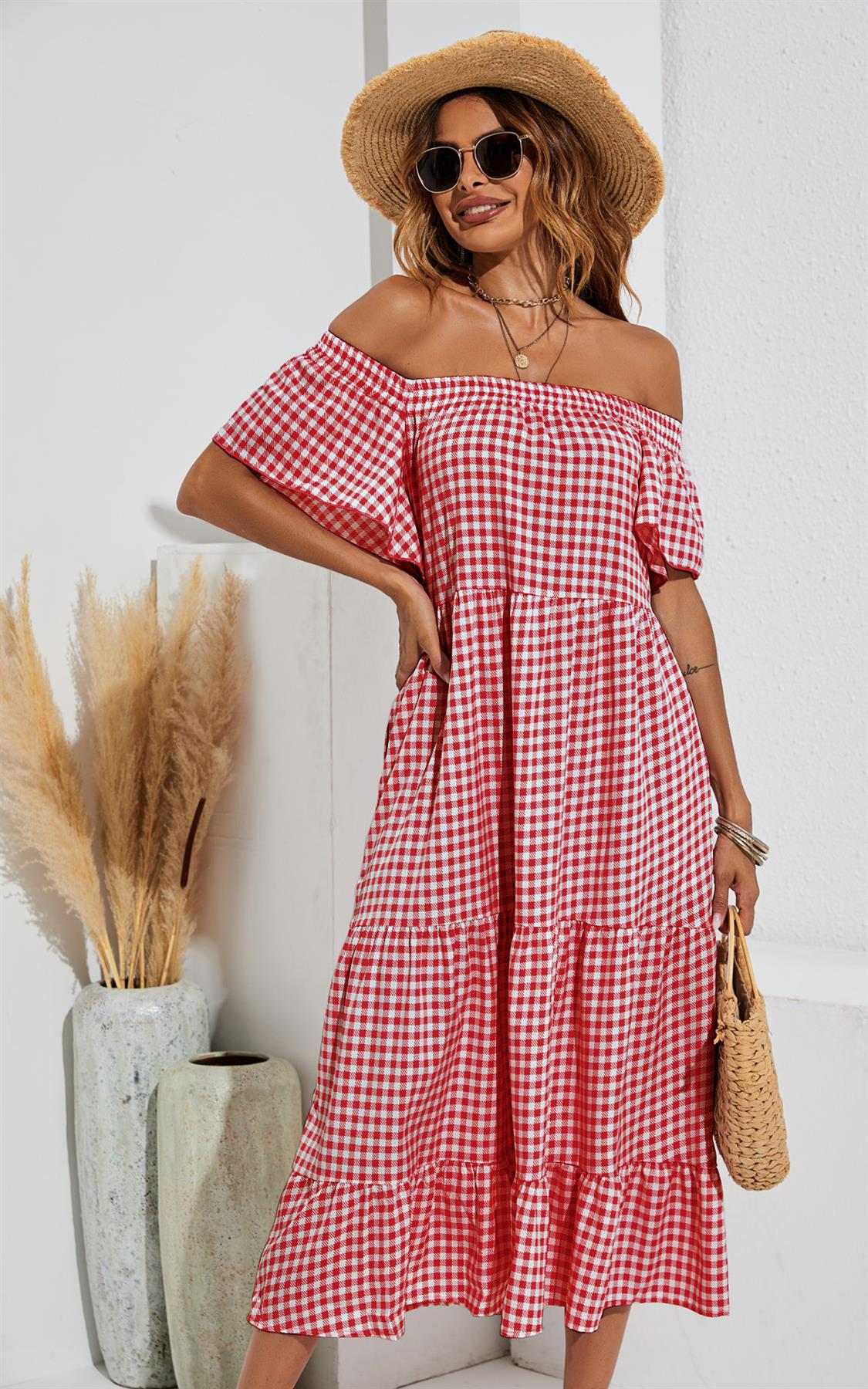 Relaxed Off Shoulder Bardot Frill Midi Dress In Red