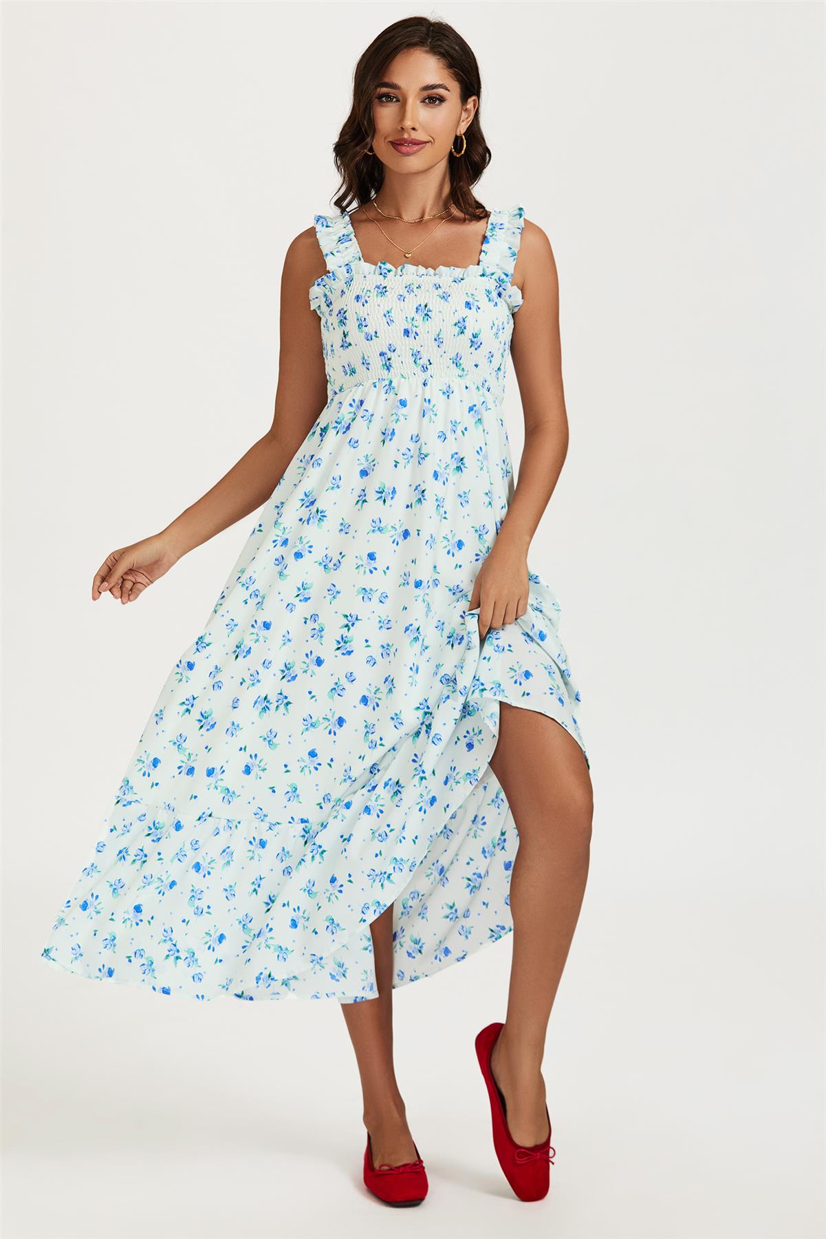 Floral Print Hem Detail Maxi Dress In White