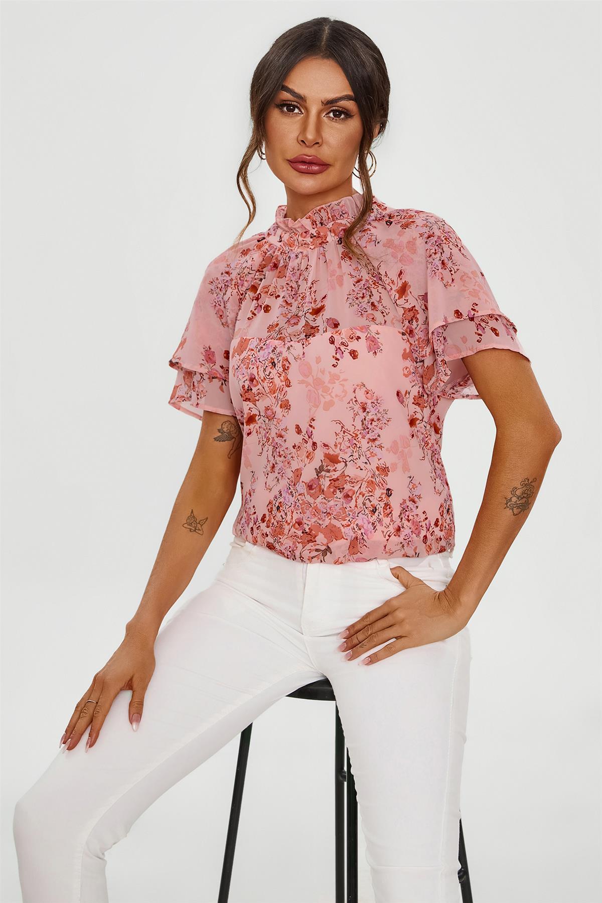 Floral Print Frill Hem Sleeve High Neck Blouse Top In Pink
