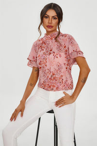Floral Print Frill Hem Sleeve High Neck Blouse Top In Pink