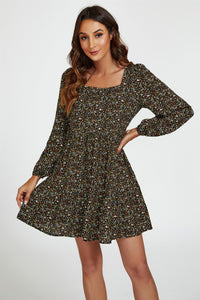 Little Floral Print Square Neck Mini Dress In Black