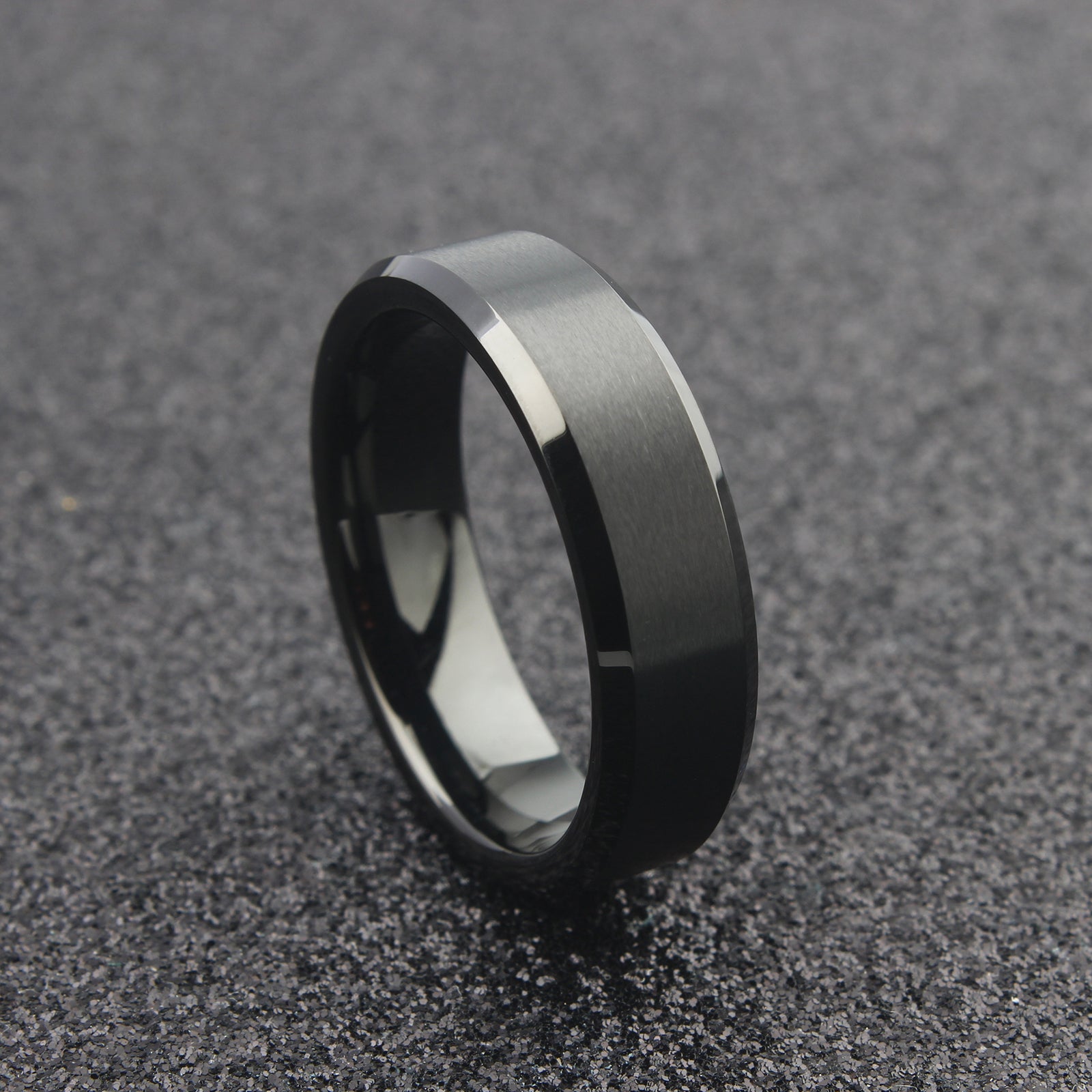 The Perseus - 6mm Brushed Black Tungsten Bevelled Edge Ring