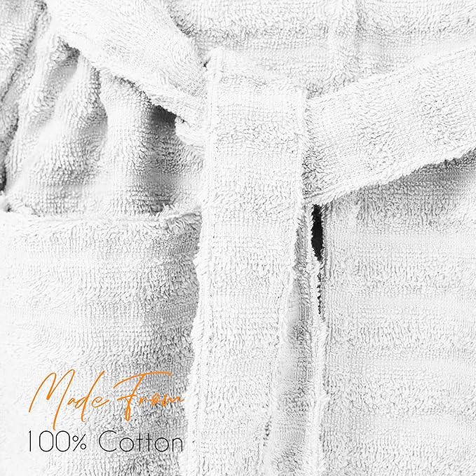 Women's Hydro Ribbed Ultra Soft 100% Cotton Hooded Bath Robes with Pockets and Belt Luxury Terry Towelling Loungewear Sleepwear in White and Grey by OLIVIA ROCCO
