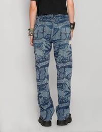 'Peace' Laser Print Vintage Jeans in Blue