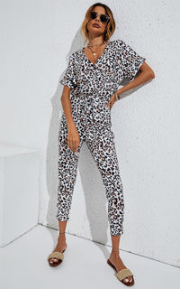 Stretch Wrap Jumpsuit With V Neck In Animal Print