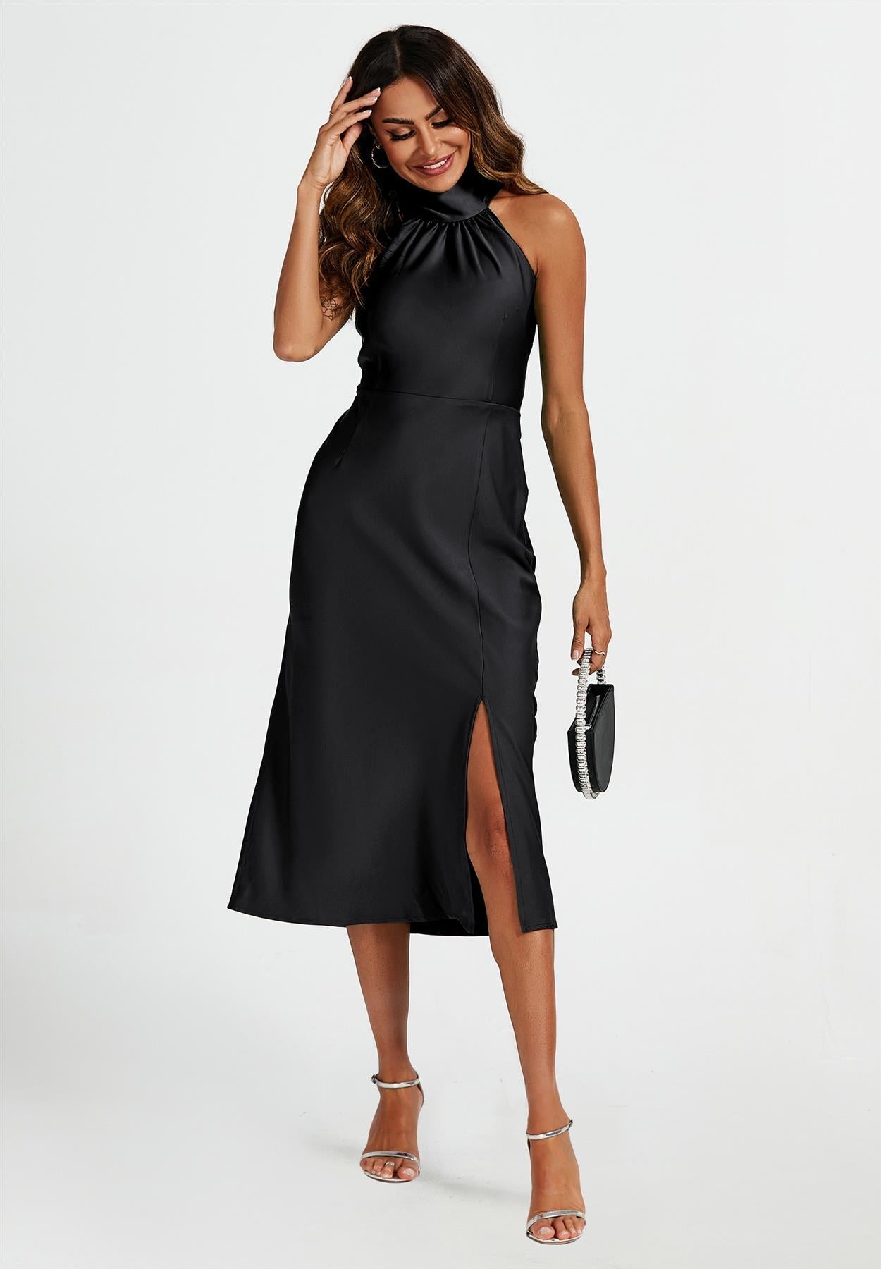 Satin Halter Neck Tie Back Midi Dress In Black