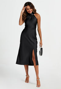 Satin Halter Neck Tie Back Midi Dress In Black