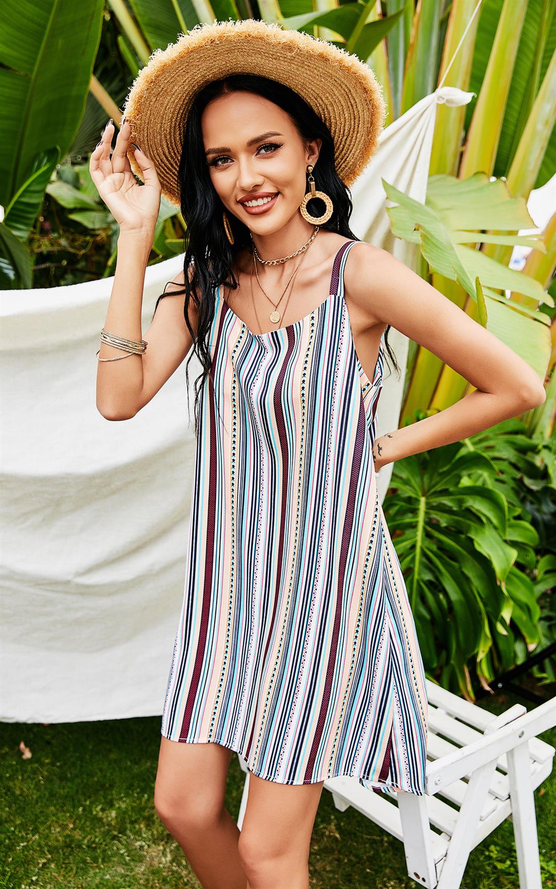 Striped Print Strappy Dress In White & Beige & Mint & Black & Red